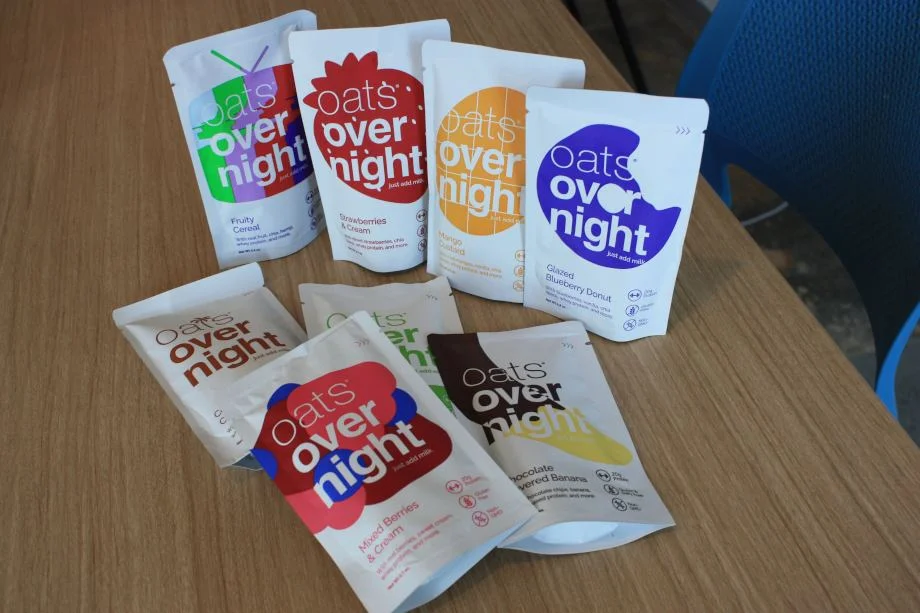 An assortment of Overnight Oats packages on a table