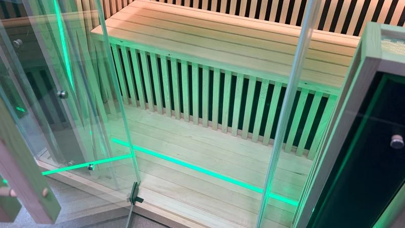 Looking into the opened door of a Plunge Infrared Sauna Pro XL