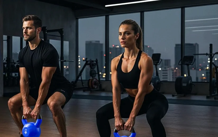 A man and woman working out using Yes4All Vinyl Coated Kettlebells