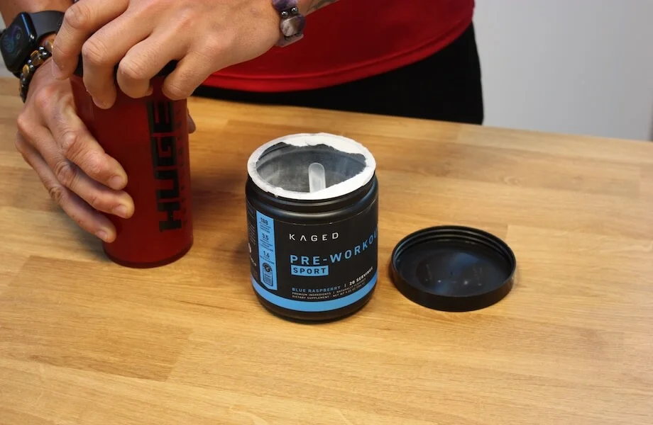 Our tester mixing up a serving of Kaged Pre-Workout Sport