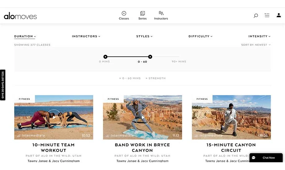 A screenshot of filtering by duration in the Alo Moves app.