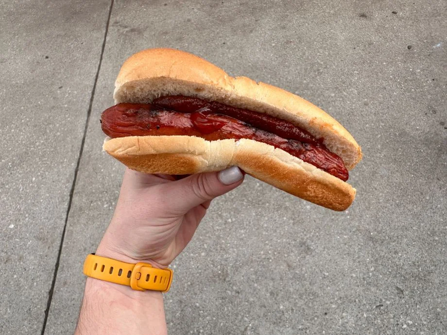 A hand holds a hotdog from Good Chops.