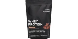 Black bag of Sports Research Whey Protein Powder on a white background