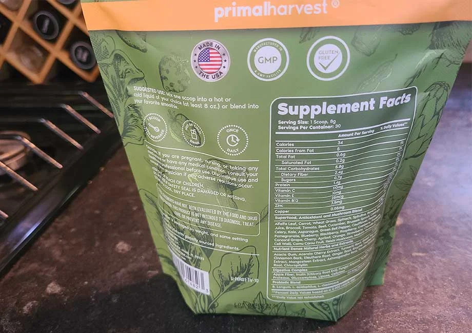 primal greens supplement facts label