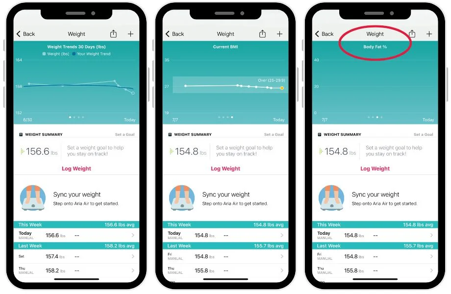 Fitbit Aria Air smart scale screenshots in FItbit app