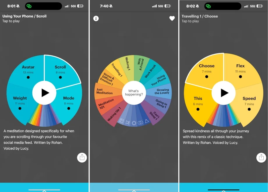 Screenshots from the Buddhify app.