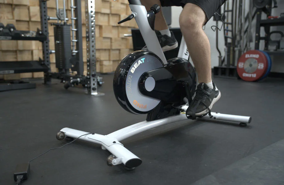 A close look at the flywheel on a Free Beat Boom Bike