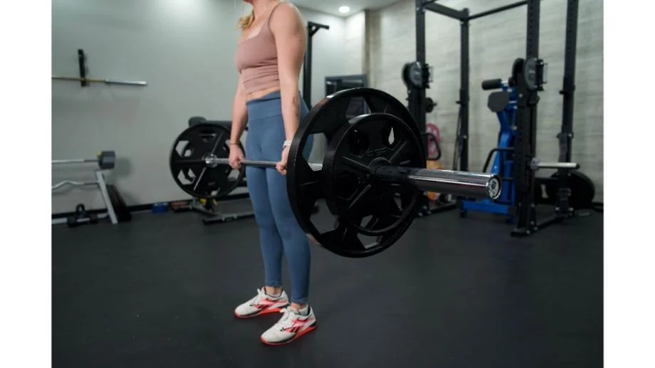 Major Fitness Barbell Advanced close up side view lifting barbell with double plates