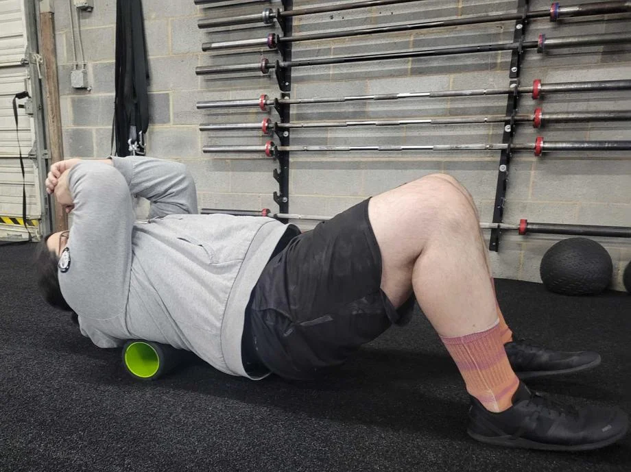 Our tester using the TriggerPoint Grid 1.0 foam roller