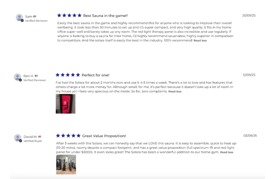 Online customer reviews for the SaunaBox Solara