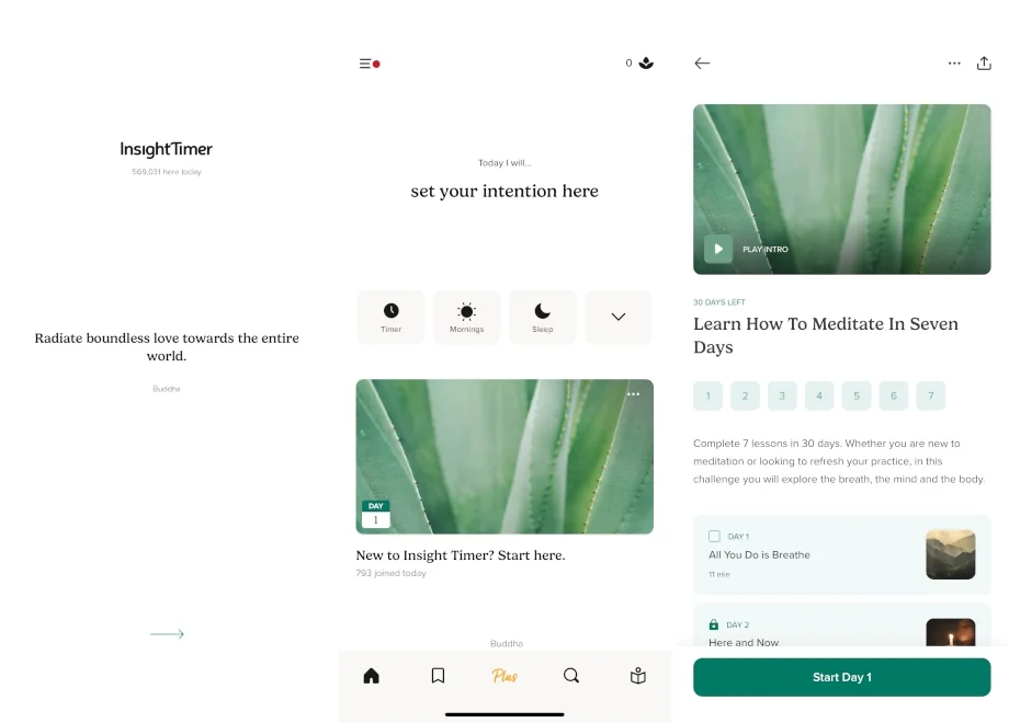 Screenshots from the Insight Timer app.