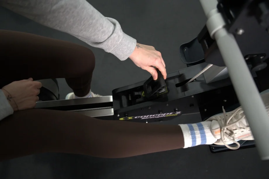 Our tester adjusts the rail position on a Concept 2 Strength ERG