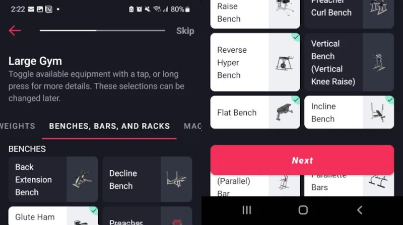 Images from the Fitbod app show equipment selection