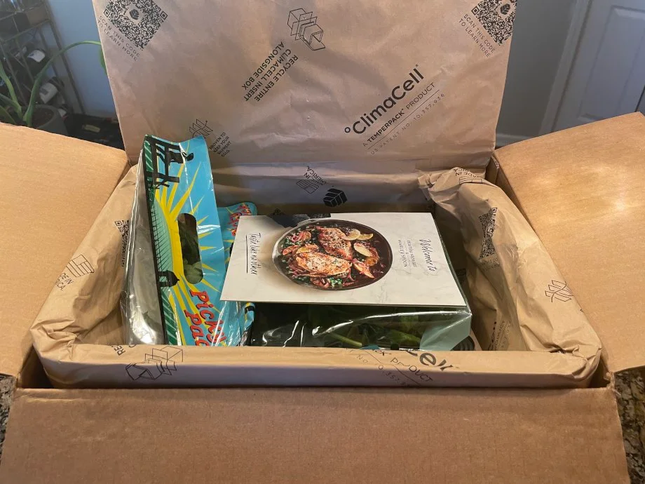 Top layer of stuff in a box from Martha snd Marley Spoon