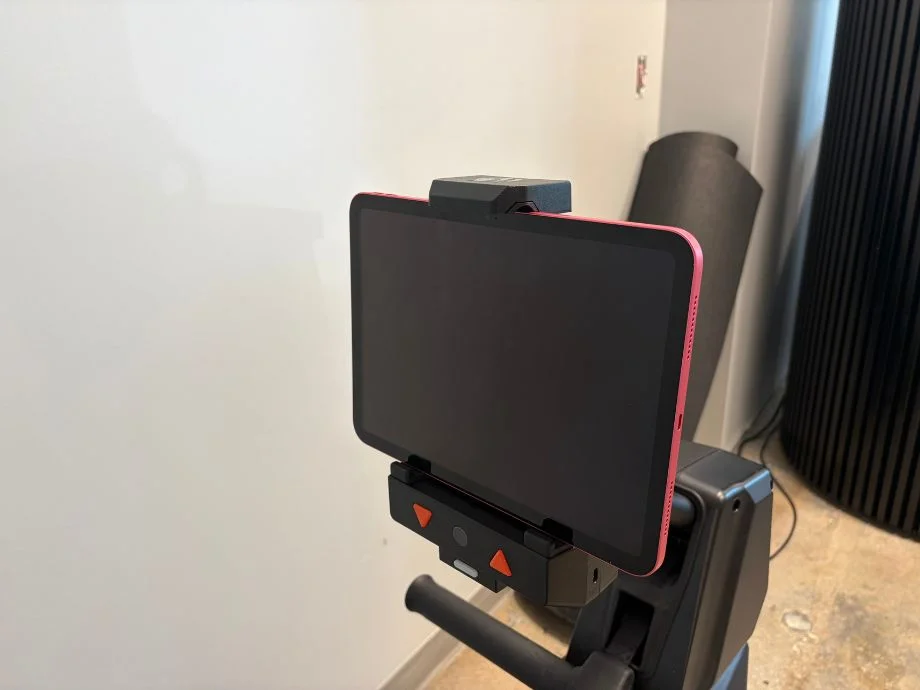 An iPad connected to the Aviron Strong Go Rower