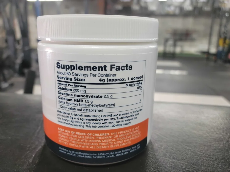 Supplement facts label on Blonyx HMB+ Creatine