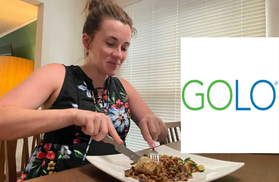 A woman digs into a delicous-looking meal next to a GOLO emblem.