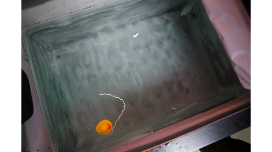 sun home sauna cold plunge pro top view of water and duck thermometer