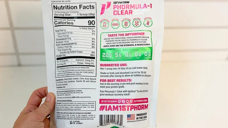 Nutrition Facts and ingredients on bag of 1st Phorm Phormula-1 Clear Protein Powder Nutrition Facts and ingredients on bag of 1st Phorm Phormula-1 Clear Protein Powder