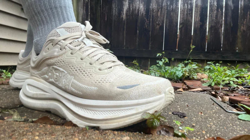 Our tester wearing the Hoka Bondi 9 running shoes