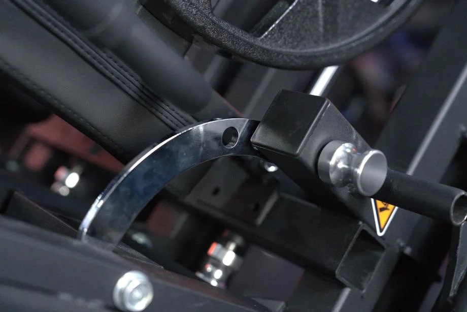 Hack squat pop-pin adjustment on the Bells of Steel Iso Leg Press and Hack Squat Machine. 