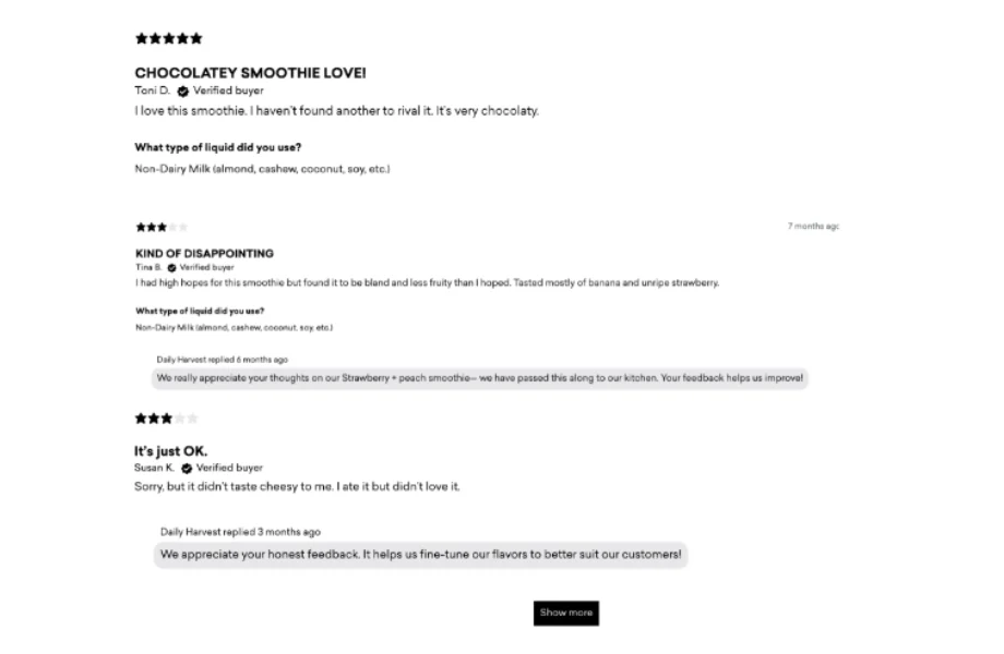 Online customer reviews regarding Daily Harvest meal delivery service