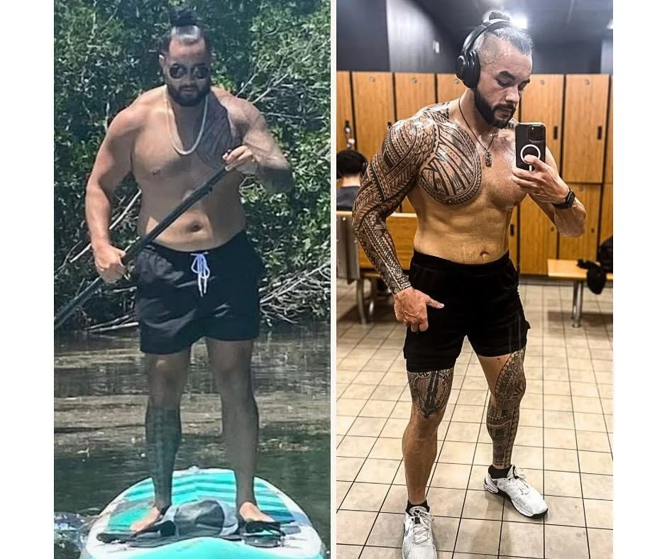 A side-by-side image showing Stephen Sheehan, CPT, CNC, before and after losing 75 pounds.