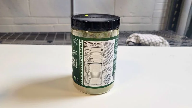The nutrition facts label on the FIeld of Greens container
