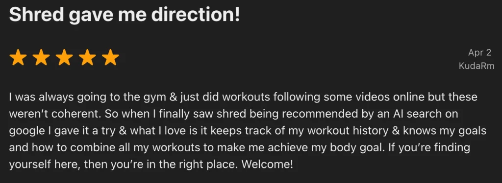 Screenshot of a review from a verified customer of the SHRED app