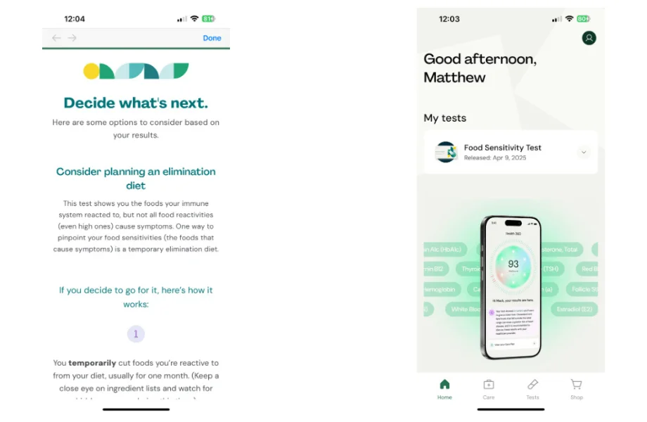 Screenshots taken from the Everlywell mobile app