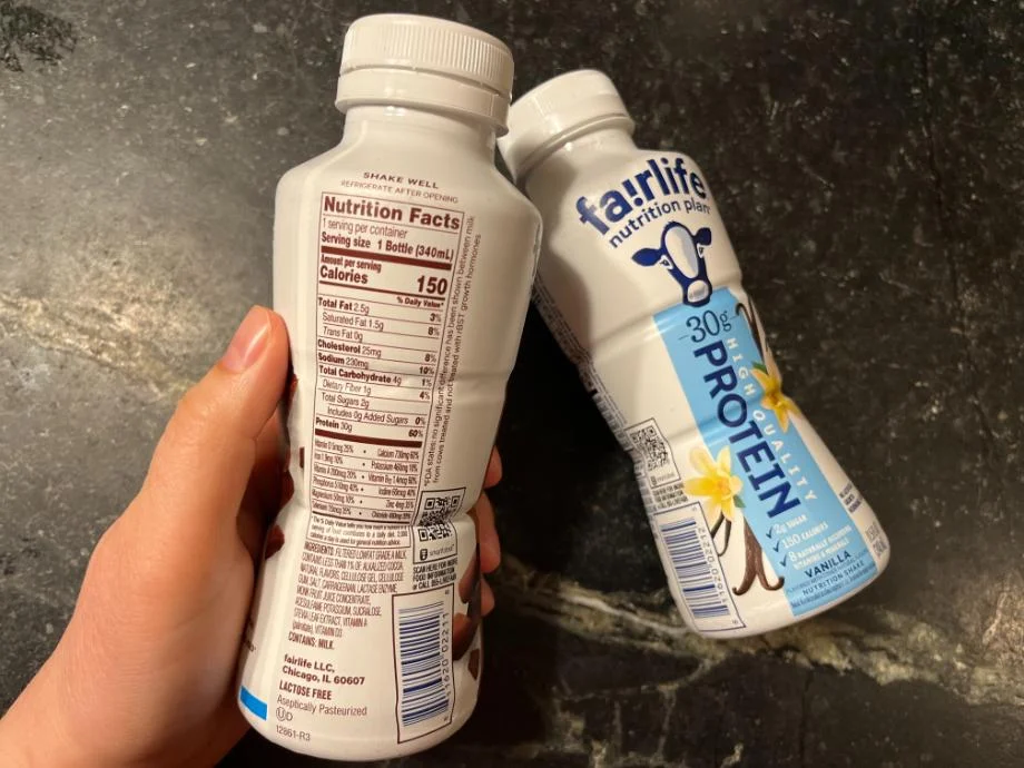 Nutrition Facts label on the bottle of a Fairlife Nutrition Plan Shake.
